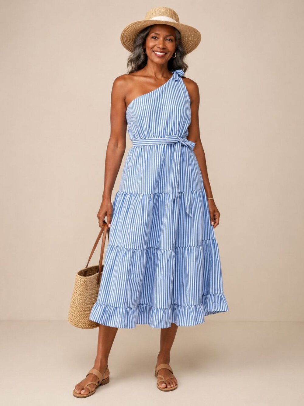 Lulus Sz M Gleeful Getaway Striped One Shoulder Tiered Midi Dress Coastal